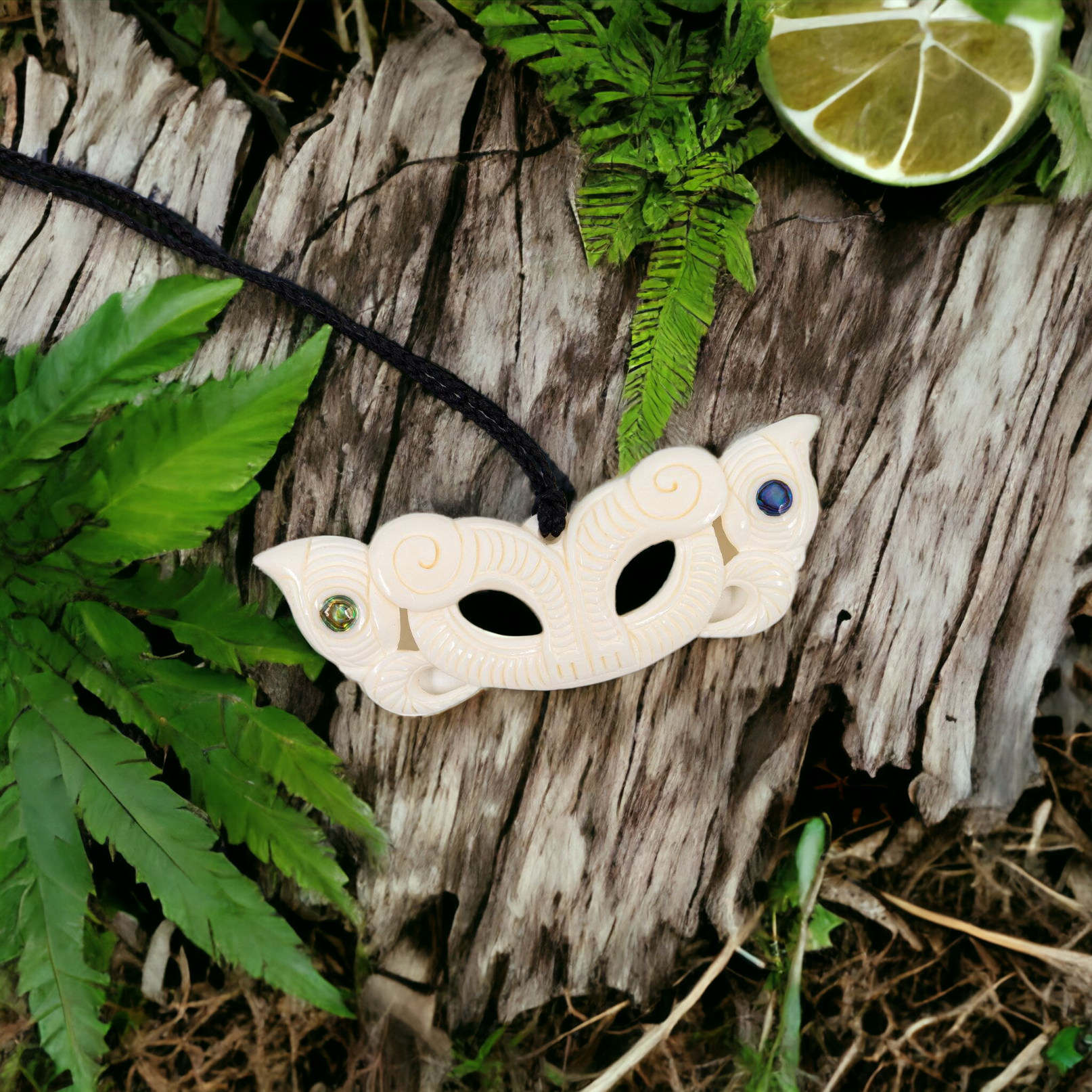 Bone Pekapeka Pendant with Paua Shell Eyes