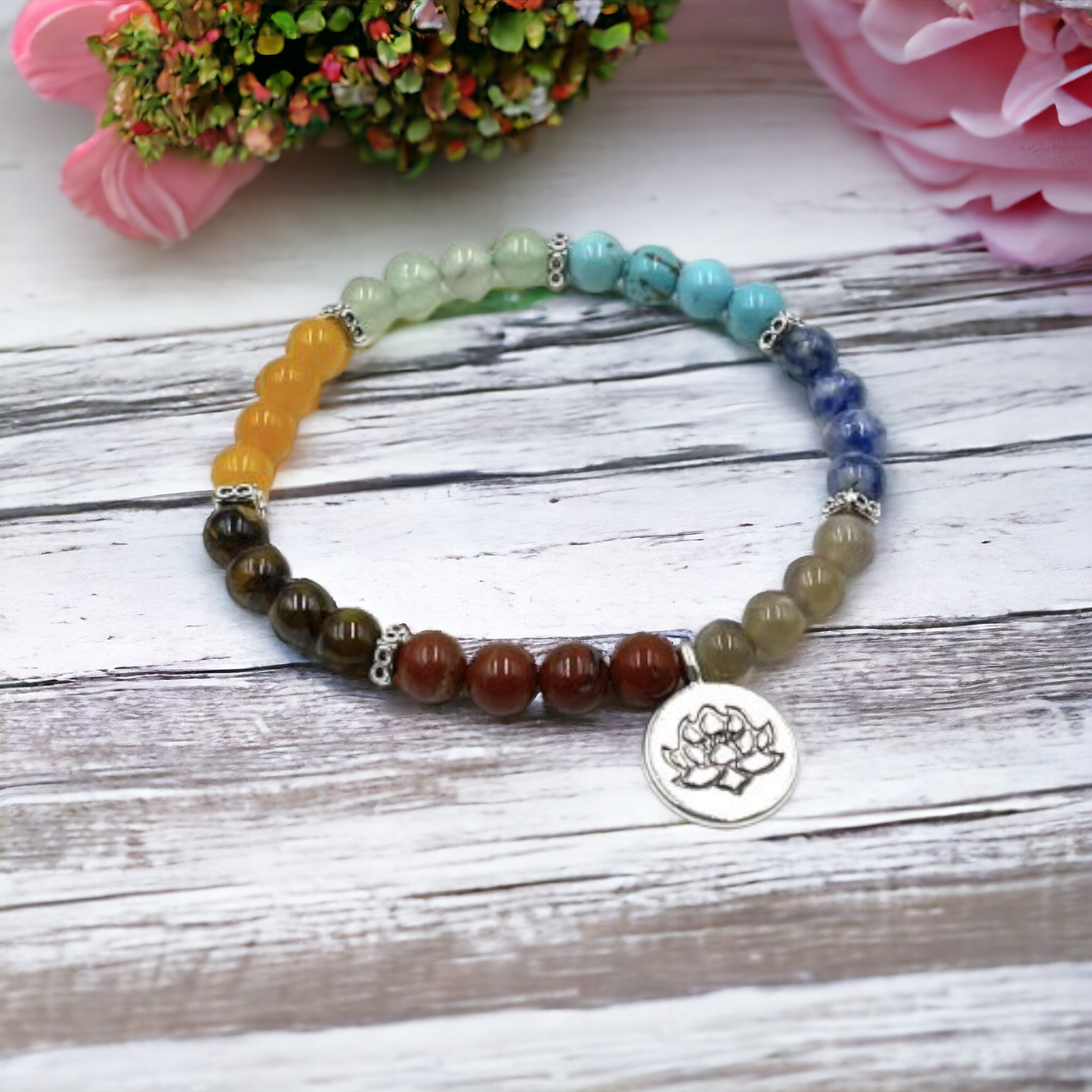 Chakra Stone Bracelet with Lotus Charm- includes Chakra Tumbled Stones