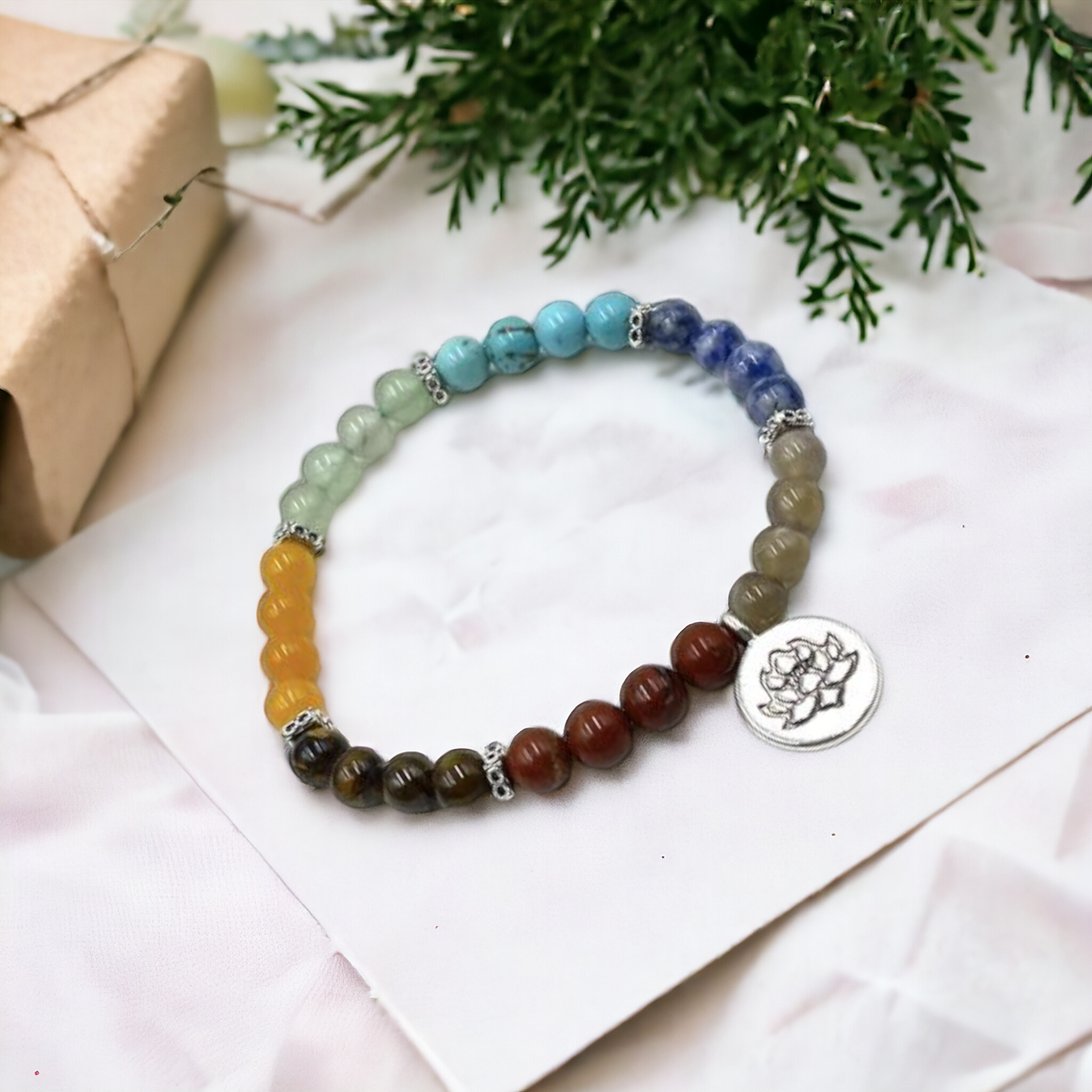 Chakra Stone Bracelet with Lotus Charm - includes Chakra Tumbled Stones