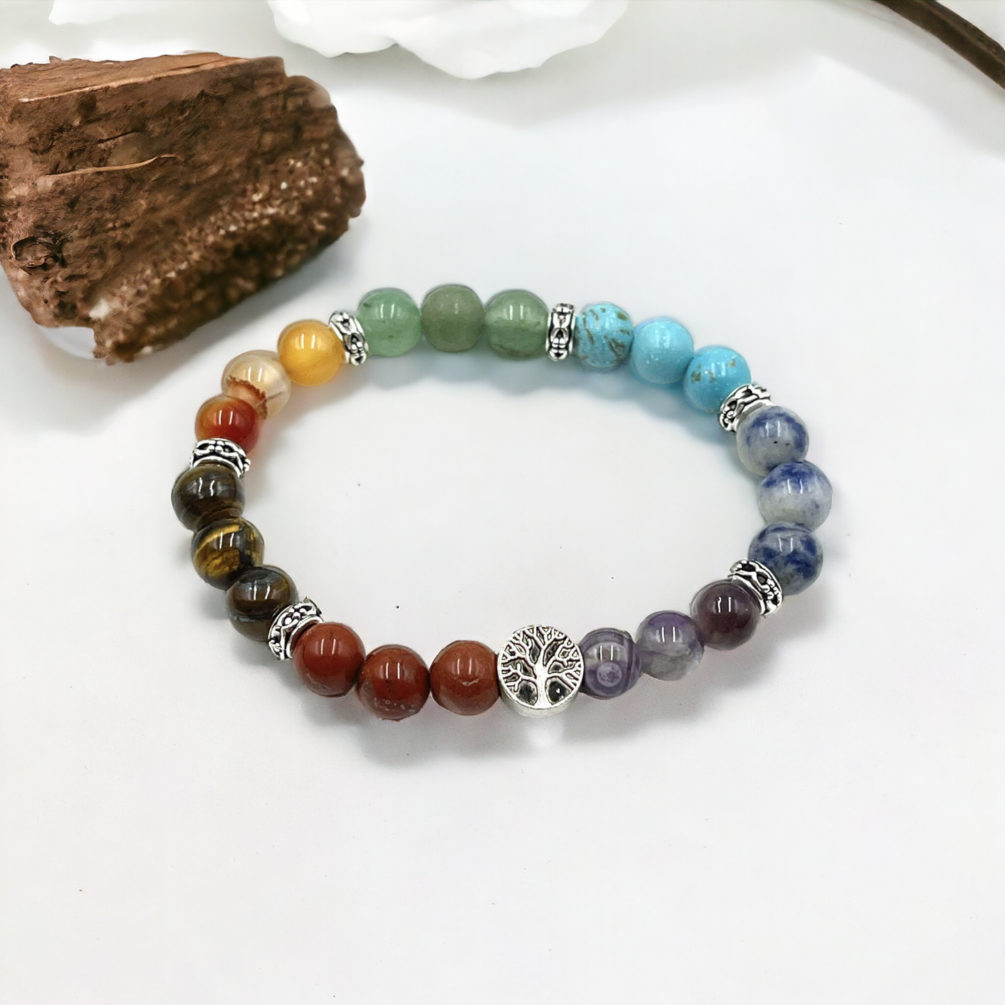 Chakra Stone Bracelet with Tree of Life - includes Chakra Tumbled Stones