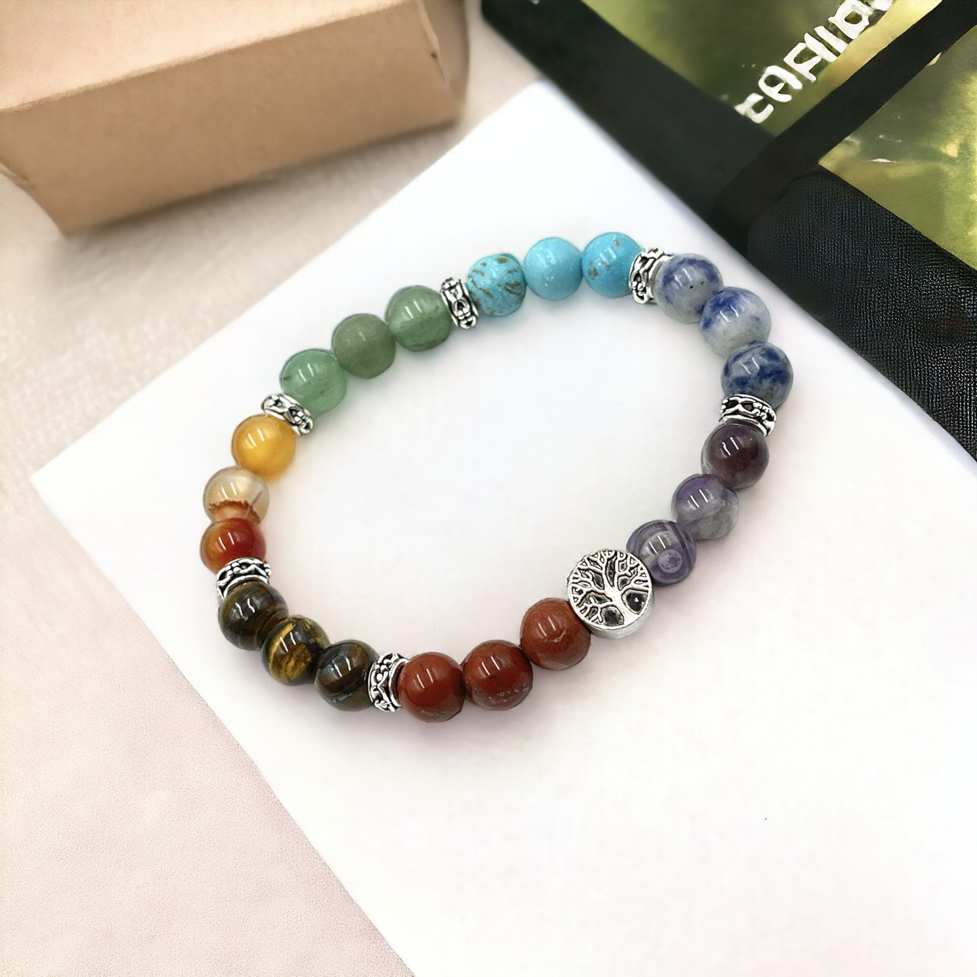 Chakra Stone Bracelet with Tree of Life - includes Chakra Tumbled Stones