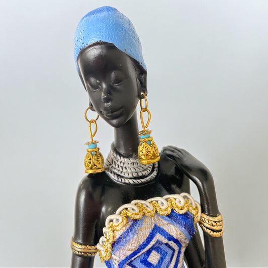 African Lady Figurine - Blue, White & Gold