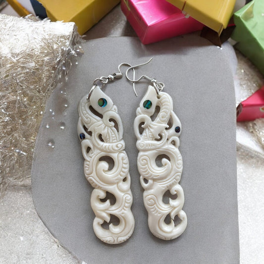 Bone Double Manaia & Koru Earrings