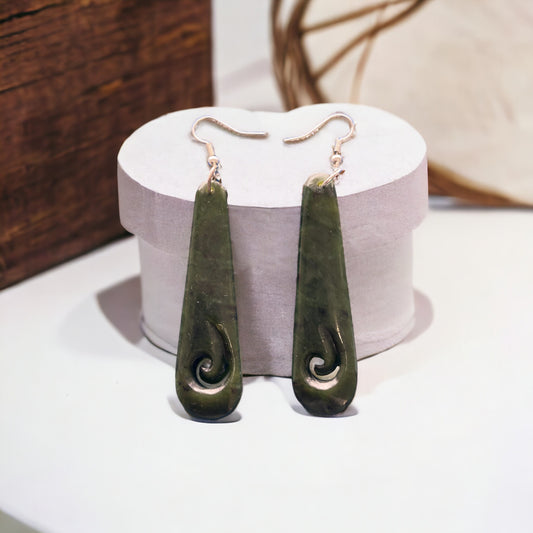 Greenstone Drop Koru Earrings 62mm