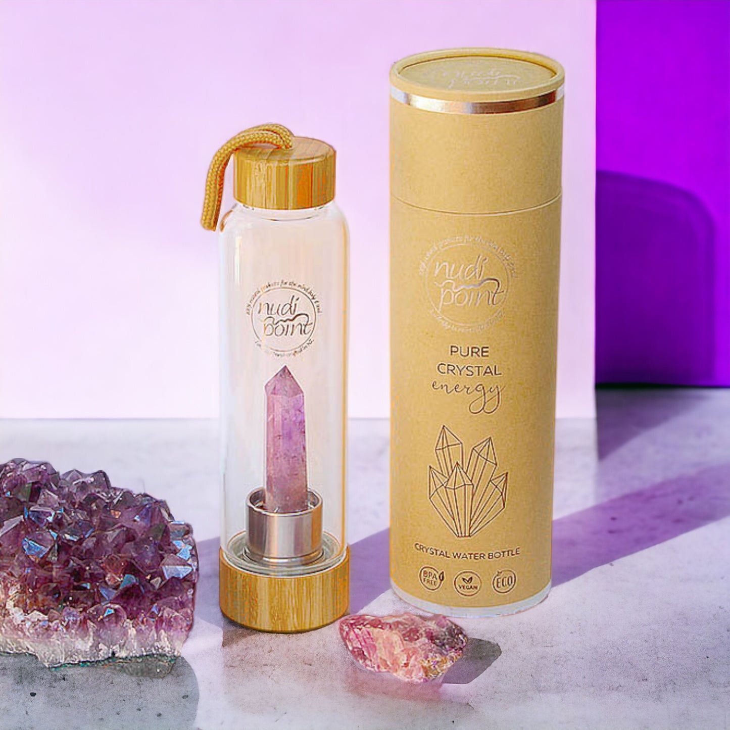 Nudi Point Crystal Elixir Water Bottle - Amethyst (Bamboo)