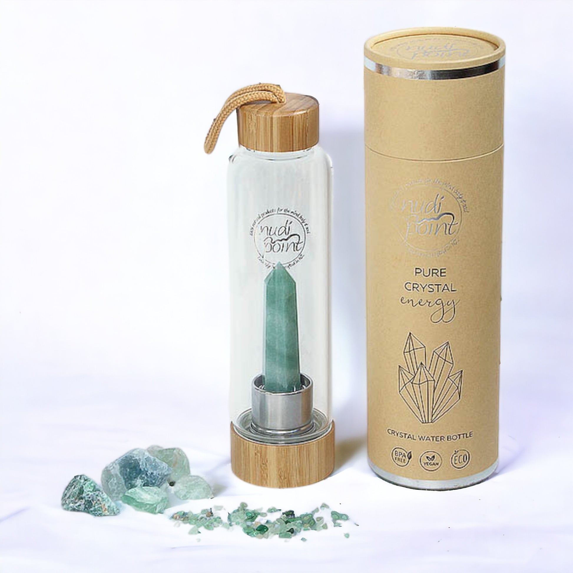 Nudi Point  Crystal Elixir Water Bottle - Green Aventurine (Bamboo)