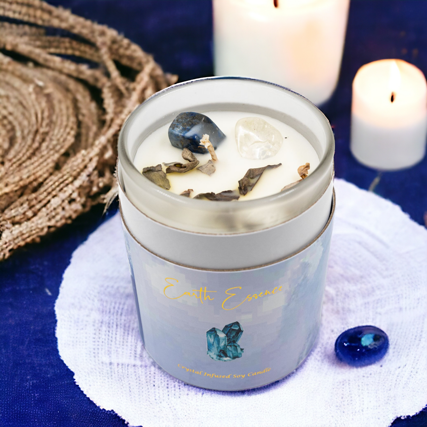 Earth Essence Crystal Soy Wax Candle - White Sage & Lapis