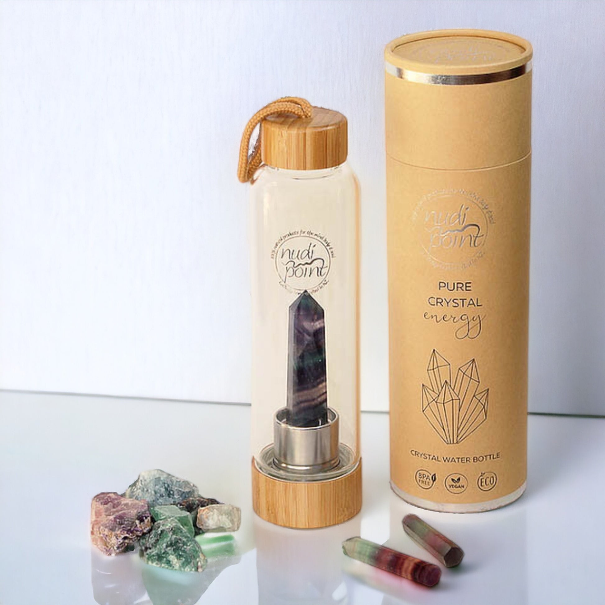 Nudi Point Crystal Elixir Water Bottle - Rainbow Flourite (Bamboo)