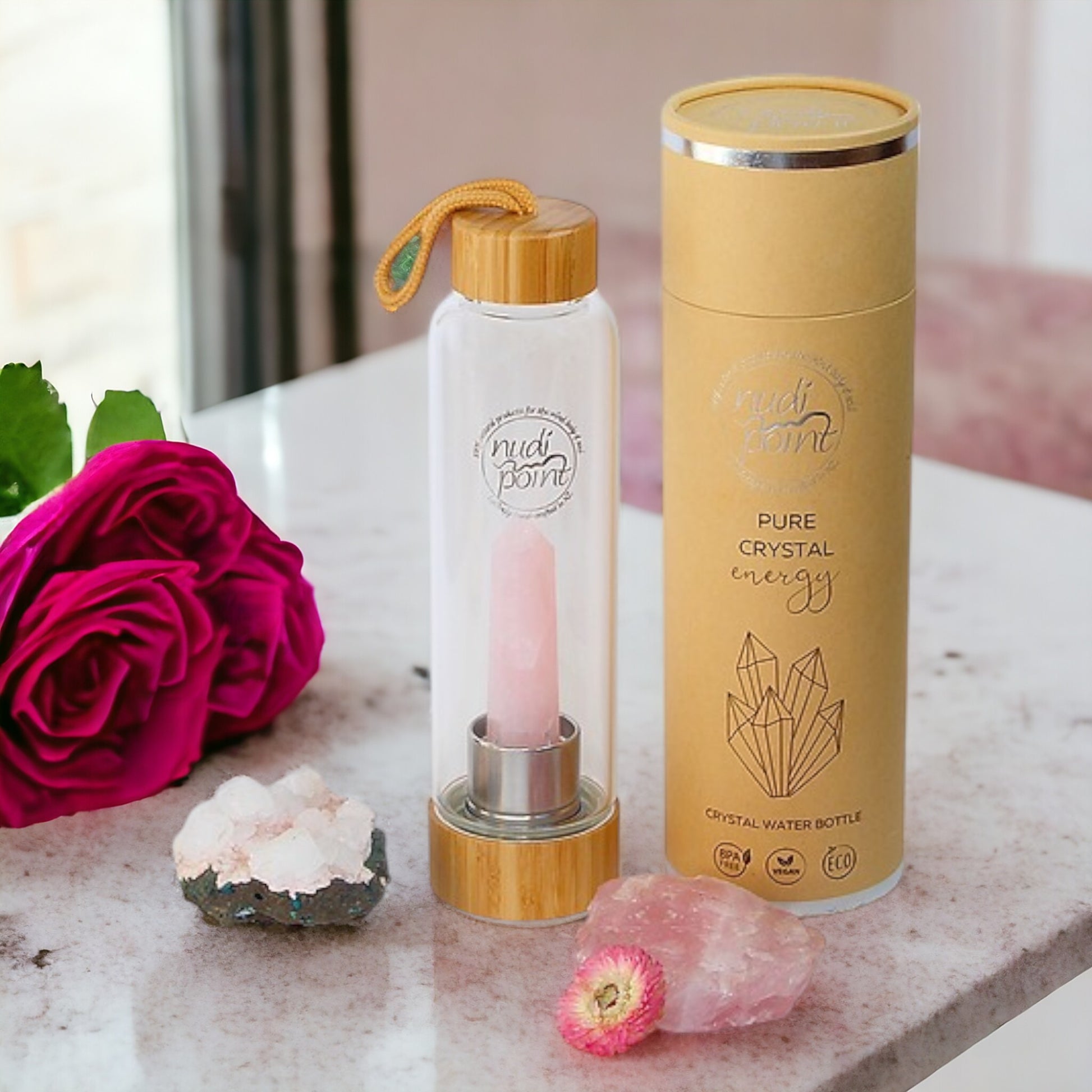 Nudi Point Crystal Elixir Water Bottle - Rose Quartz (Bamboo)