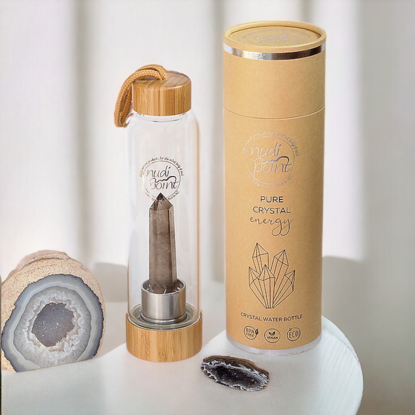 Nudi Point Crystal Elixir Water Bottle - Smoky Quartz (Bamboo)